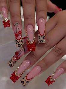 24pcs French Manicure Nail Stickers, Rectangular, 3D Line Art, Leopard Print Decor, Red Bow & Rhinestone Design, Smooth Surface, Full Coverage False Nails, Suitable For Women & Girls Daily Wear - Multicolor 3 - View 3