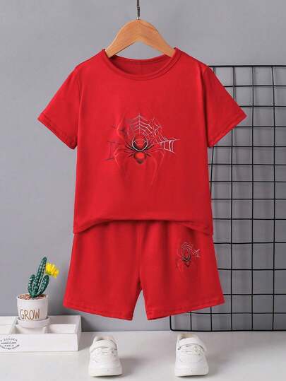 2st/set Ung pojke Mode Fritidssport Utomhus Cool Spider Grafiskt tryck Bekvämt mjuk rundhalsad kortärmad topp T-shirt och shorts set, sommar
