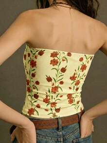 Lysee 女士夏季碎花抹胸上衣，黄色弹力针织无袖短款上衣，Y2K 波西米亚休闲街头风度假装 - 黃色 - 查看 2