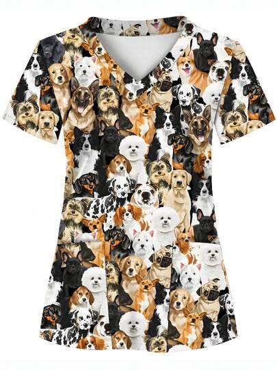 Allover Print Dog Pattern Scrub Top, Soft, Breathable, Practical Uniform Suitable For Dental, Beauty, And Healthcare Professionals - Nursing Scrub Shirt