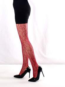1 Pair Women Spider Web Jacquard Fishnet Tights/Leggings - Burgundy - View 1