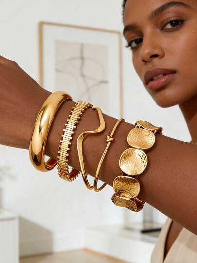 5件套复古夸张奢华几何设计宽金属手镯套装，适合日常佩戴