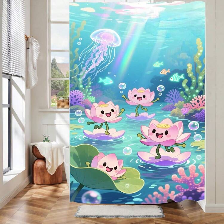 1件卡通莲花水母图案浴帘，时尚抽象莲花水母印花浴帘，适用于各种房间门窗、浴室装饰隔断、浴室 - 海洋 - 查看 1