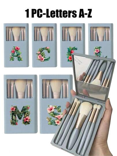 Five Piece Portable Makeup Brush Set, With Mirror, Printed With Tropical Flower Letters A-Z, Boxed Makeup Brush Set, Multi-Functional Makeup Brush Set, With Mirror Box, Mini Multi-Functional Makeup Pen, Foundation Make-Up Brush, Eye Shadow Brush, Basic Makeup Tool Mixing Brush, Makeup Storage Rack Containing Makeup Brush, Convenient To Carry, Ideal Gift For Girls, Portable Travel Supplies, Travel Necessities, Best Gift For Mother's Day, Valentine's Day And Easter