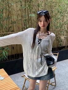 韩式镂空抽绳V领针织罩衫 白色 - 白色 - 查看 1