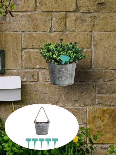 1 Set 1/2 Pcs Metal Hanging Wall Planter With 5/10 Pcs Plant Labels Decorative Vintage Design Planter Durable Rustic Wall Flower Vase With Rope For Planting Home Indoor Outdoor Garden Room