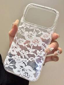 优雅浪漫蕾丝花卉印花闪光透明软手机壳，适用于 17 Pro Max、17 Pro、17、16 Pro Max、16 Pro、16、15 Pro Max、15 Pro、15、14 Pro Max、14 Pro、14、13 Pro Max、13 Pro、13、12 Pro Max、12 Pro、12、11，创意时尚透明亮面软硅胶防震保护套 - 愛心鑽白蕾絲 - 查看 5