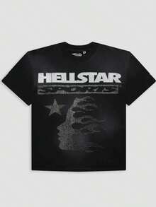 Hellstars Sports Silhouette Vintage Graphic T-Shirt,220g 100% Cotton,Round Neck Short Sleeve,Black Streetwear Essential For Summer Going Out,Unisex Style - Black - View 1