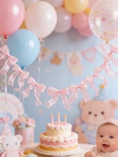 12pcs/Set Pink Bow Ribbon Garland Banners,Baby Shower Party Supplies,Suitable For Birthday Decoration, Baby Christening Decoration, Bridal Wedding Party, Bachelorette Party Supplies,1st Birthday Party Decorations,Theme Party Decor, Home Decor, Party And Wedding Decoration,Holiday Party Decoration Background,Party Favors,Party Supplies,Party Gifts