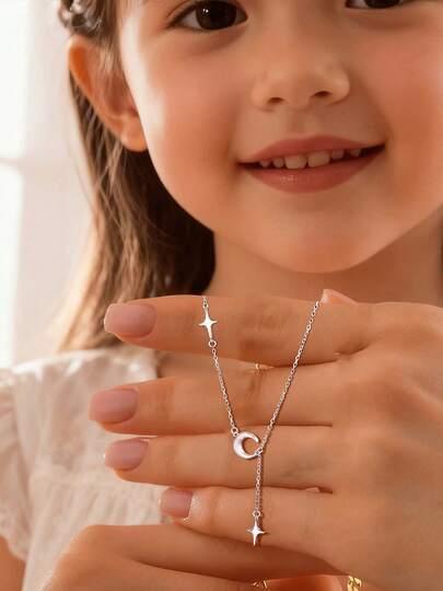 1pc S925 Sterling Silver Minimalist Sweet Star & Moon Tassel Necklace, Cute Charming Design, Suitable As Gift For Daughter, Loved Ones, Girls On Birthday Or Anniversary