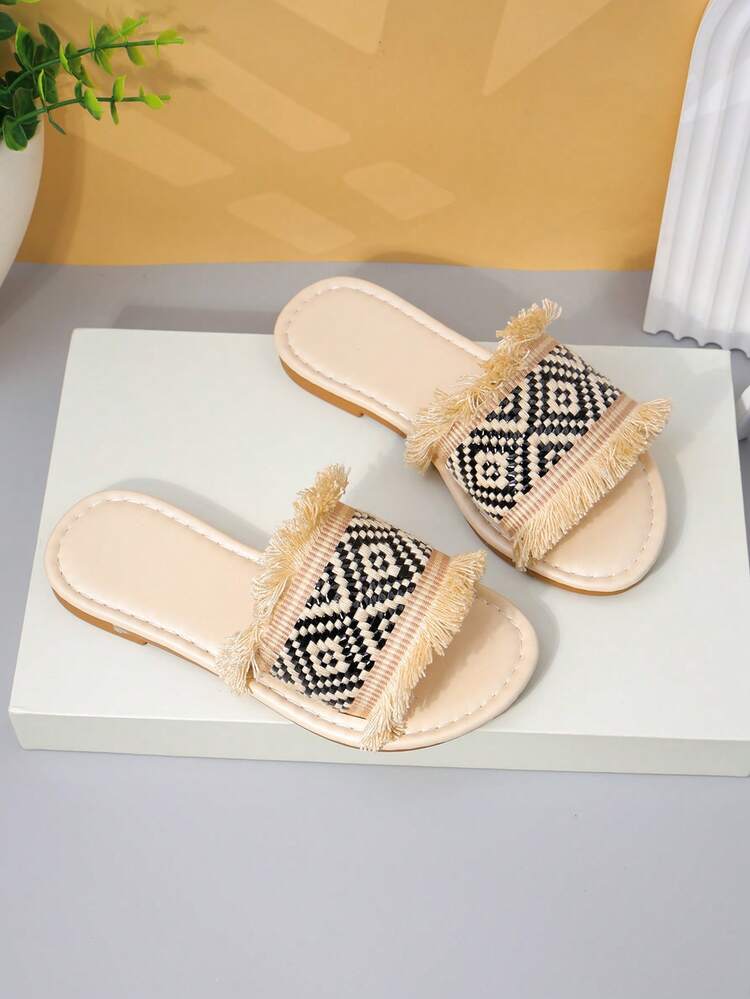 1 Pair Girls' Bohemian Frayed Woven Slide Sandals For Casual Summer Wear - Beige - View 3