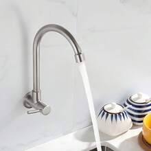 Rotatable Nozzle Wall-Mounted Faucet, Stainless Steel Single Cold Water Tap, Suitable For Kitchen Sink And Balcony Laundry Pool - Silver - View 2