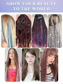 Hair Tinsel Kit Glitter Hair Tinsel Clip In Sparkling Shiny Fairy Hair Tinsel Hair Extensions For Halloween Christmas Party 22 Inch Pink 6PCS/PACK - Đỏ - Xem 8