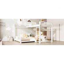 L-Shaped Metal Bunk Bed, Dimensions 90 X 200 Cm And 140 X 200 Cm, White - White - View 8