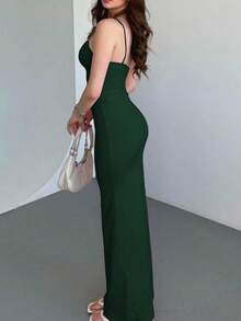 Vestido de encaje ajustado, elegante y romántico para cita nocturna, Día de San Valentín, con tirantes finos y largo, color rosa, para fiesta de verano - verde oscuro - Ver 5