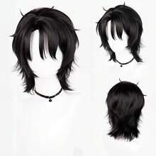 短直黑色合成假发，带刘海，蓬松，男士动漫游戏角色扮演耐热假发，适合日常派对 - 黑色 - 查看 1