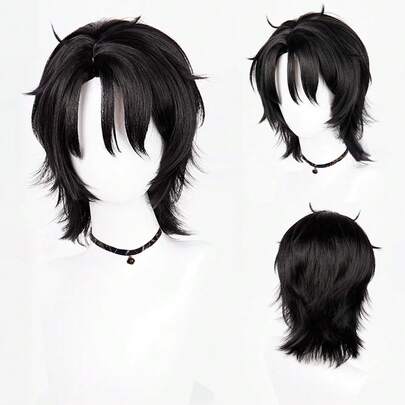 Short Straight Synthetic Black Wigs With Bangs Fluffy Men Anime Game Cosplay Heat Resistant Wigs For Daily Party