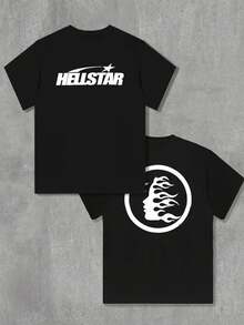 Hellstars Star Logo Flame Silhouette Retro T-Shirt Double Sided Printed (220g 100% Cotton T-Shirt), Summer Clothes, Women's Tops, Casual And Comfortable, Fashionable Graphic Tee, Unisex Style - Black - View 1