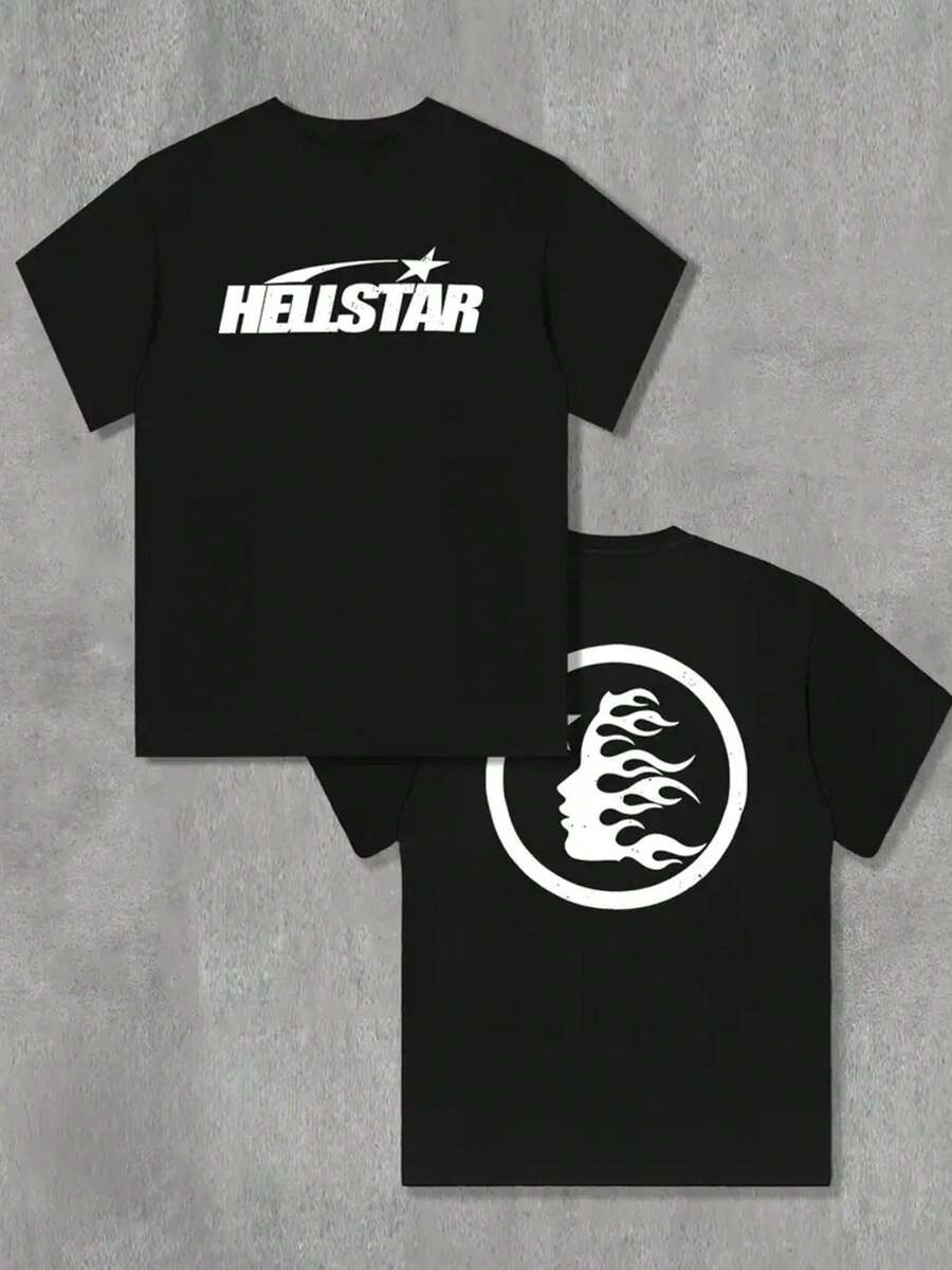 Hellstars Star Logo Flame Silhouette Retro T-Shirt Double Sided Printed (220g 100% Cotton T-Shirt), Summer Clothes, Women's Tops, Casual And Comfortable, Fashionable Graphic Tee, Unisex Style - Black - View 1