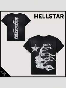 Hellstars Flame Silhouette Star Logo Retro T-Shirt Double Sided Printed (220g 100% Cotton T-Shirt), Summer Clothes, Women's Tops, Casual And Comfortable, Fashionable Graphic Tee, Unisex Style - Black - View 1