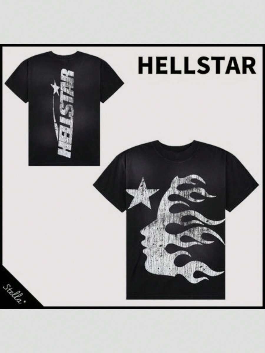 Hellstars Flame Silhouette Star Logo Retro T-Shirt Double Sided Printed (220g 100% Cotton T-Shirt), Summer Clothes, Women's Tops, Casual And Comfortable, Fashionable Graphic Tee, Unisex Style - Black - View 1