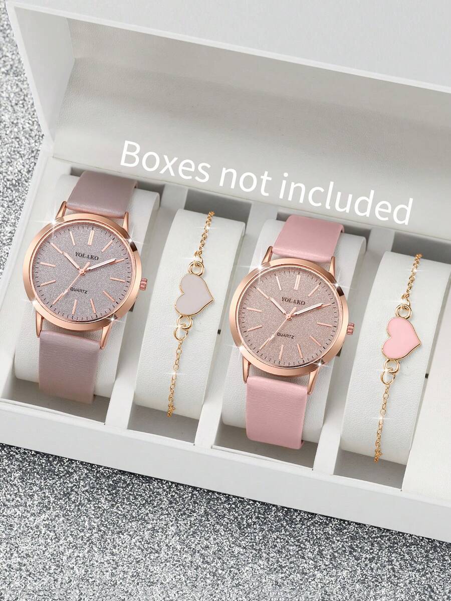 4件套女士礼品手表 - 时尚休闲闪亮表盘石英腕表+心形手链（不含表盒） - 彩色 - 查看 1