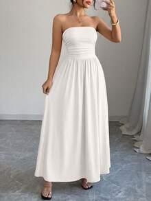 Women Summer Strapless Dress Sleeveless Tube Dress Ruched Flowy Side Pocket Bandeau Maxi Dress Casual Spring Vacation Holiday Beach Cocktail Wedding Guest Midi Dresses Outfits - 白色 - 查看 5