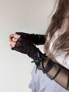 1pair Y2k Ballet Style Lace Tie-Up Sleeves Jk Arm Warmers Summer - trắng - Xem 6