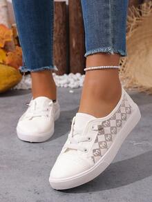 Zapatos de skate de moda para mujer, zapatillas deportivas de suela gruesa con cordones de color blanco y estampado de leopardo, versátiles y casuales para uso deportivo al aire libre - Blanco - Ver 7