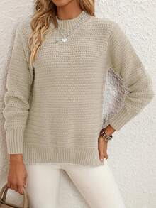 Chunky Mock Neck Knit Sweater, Long Sleeve Balloon Sleeve Pullover Fall Winter Outfit, Relaxed Fit Side Slit Textured Knit Top | Soft Breathable Knit | Multi-Color Options | Perfect With Jeans Casual Textured Knit Balloon Sleeve Sweater | Mock Neck & Ribbed Cuffs | Oversized Loose Fit | Soft Lightweight Fabric | Streetwear & Lounge Essential | Vibrant Solid Colors | Brunch & Date Outfit - Apricot - View 4