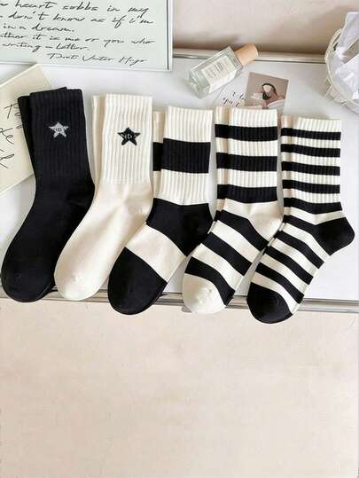 5 pares de calcetines de mujer para otoño/invierno, calcetines deportivos minimalistas de alta elasticidad con rayas, calcetines con estampado de estrella de cinco puntas en estilo blanco y negro de moda, para la temporada de otoño