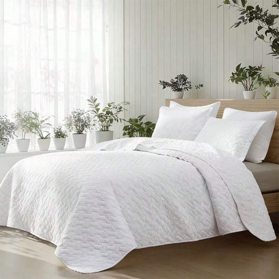 2/3Pcs Quilted Summer Quilt Set, Solid Grey Lightweight Bedspread Coverlet, Soft Breathable Air Conditioned Quilt, Machine Washable Bedding Set For All Season, Twin/Full/Queen/King Size - trắng - Xem 1