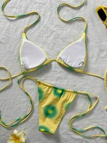 Bộ bikini buộc dây hở lưng, cổ yếm, nhuộm tie-dye thanh lịch, thích hợp cho bãi biển và kỳ nghỉ. - Nhiều màu - Xem 4