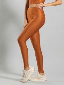 FITNATION Leggings Set With Waistband Pocket + Longline Cropped Top In Micro-Ribbed Fabric With SHINE And HIGH Elasticity And Support. - Terracotta - View 4