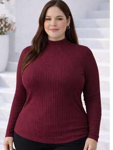 Women's Plus Size Long Sleeve Blouse With Medium High Ribbed Neck, Premium Comfortable Viscose - 紫紅色 - 查看 1