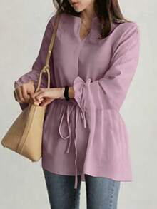 女士V领抽绳腰衬衫，新款复古休闲宽松长袖系带上衣，春夏款 - 淡紫色 - 查看 3
