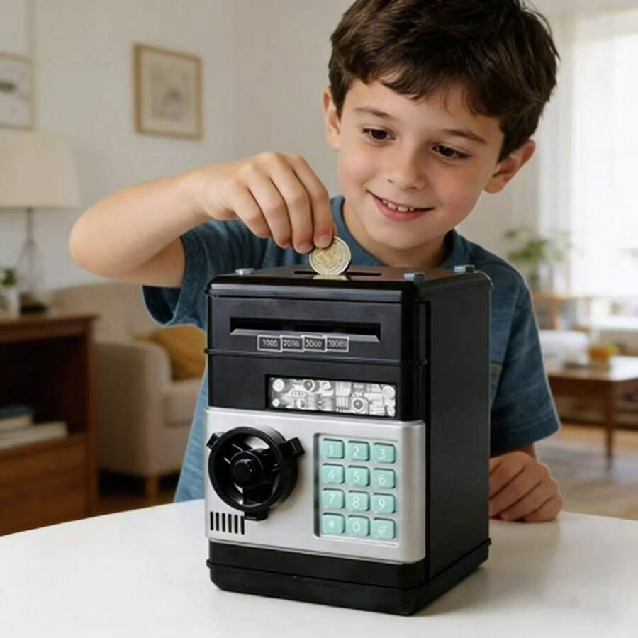 Mini Sparschwein mit ATM-Passwort, Geschenk für Kinder zum Geburtstag & Weihnachten, für Jungen & Mädchen - Schwarz - Übersicht 1