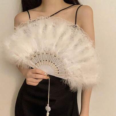 5pcs Artificial Feather Hand Fans, Embroidered Flower Malabou Feather Folding Fans, Chinese Retro Style Hand-Held Folding Fans, 1920s Feather Fans For Women's Clothing, Party, Dance, Photography, Wedding Decor