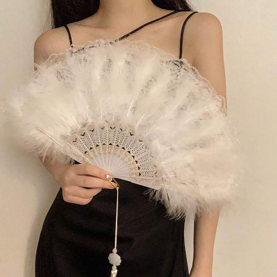 Conjunto de 5 leques de penas artificiais, leques dobráveis de penas Malabou com bordado de flores, leques dobráveis de mão em estilo retrô chinês, leques de penas dos anos 1920 para roupas femininas, festas, dança, fotografia, decoração de casamento, formatura, parabéns aos formandos, itens essenciais para viagens e caminhadas, ferramentas portáteis, itens essenciais para o verão, portáteis para o verão - Multicolorido - Ver 1