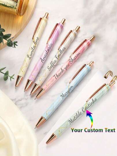 Customized Text/LOGO Marble Metal Push-Button Ballpoint Pen, Heat Transfer Printed Pattern, Minimalist Promotional Pen, Creative Multi-Color Flower Membrane Pen