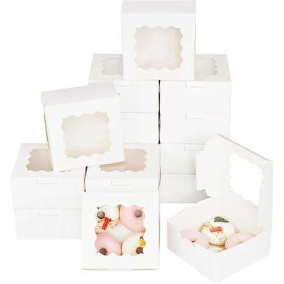 白色、棕色、粉色 12 件装烘焙食品盒，带透明窗口，尺寸 6x6x3 英寸，厚实，适用于马卡龙糕点、点心等，适合烘焙店使用。