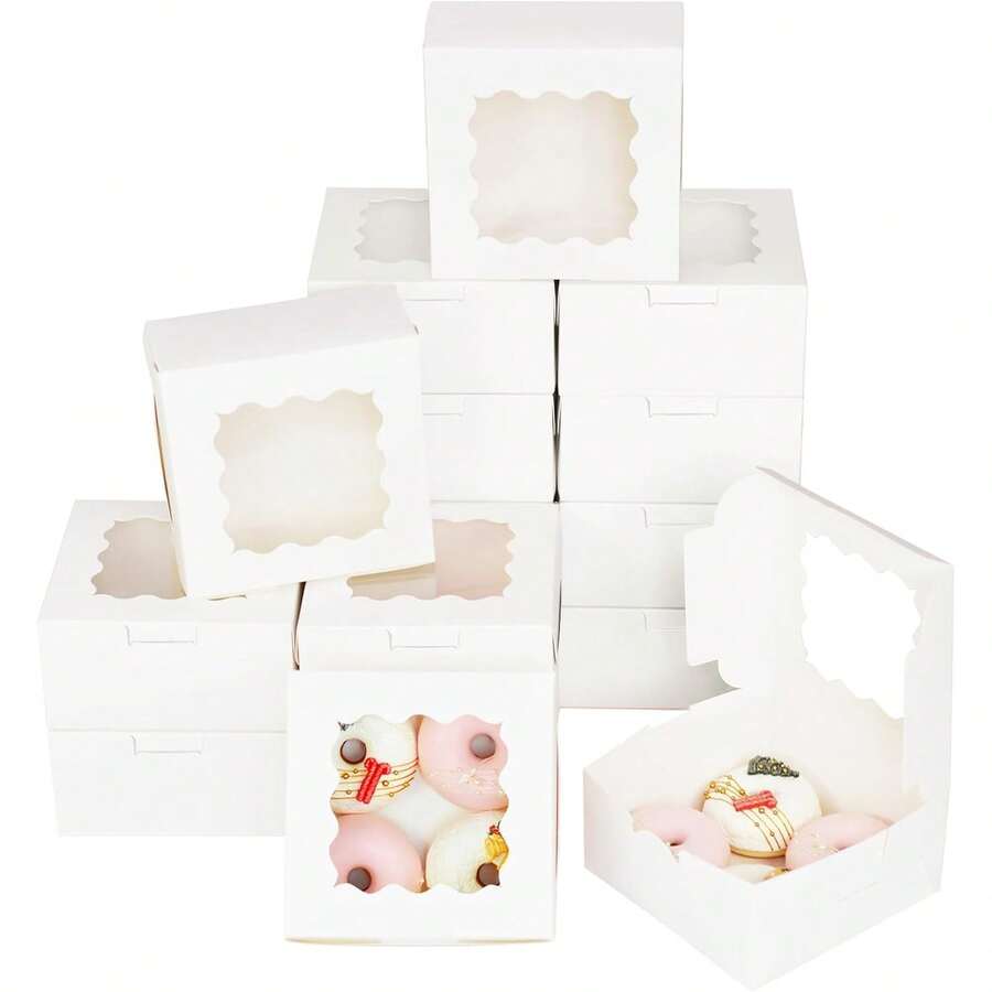 Hộp đựng bánh Makaron màu trắng nâu hồng, có cửa sổ, kích thước 6x6x3 inch, dày, thích hợp cho tiệm bánh. - Trắng - Xem 1