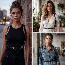 Black Fashionable Sexy One-Piece Leather Strap Waist Belt, Binding Shirt Suspender Leather Body Chain Waist Belt, Accessory Inverted Triangle Gothic Leather Suspender, Adjustable Chest Strap - Black - View 7