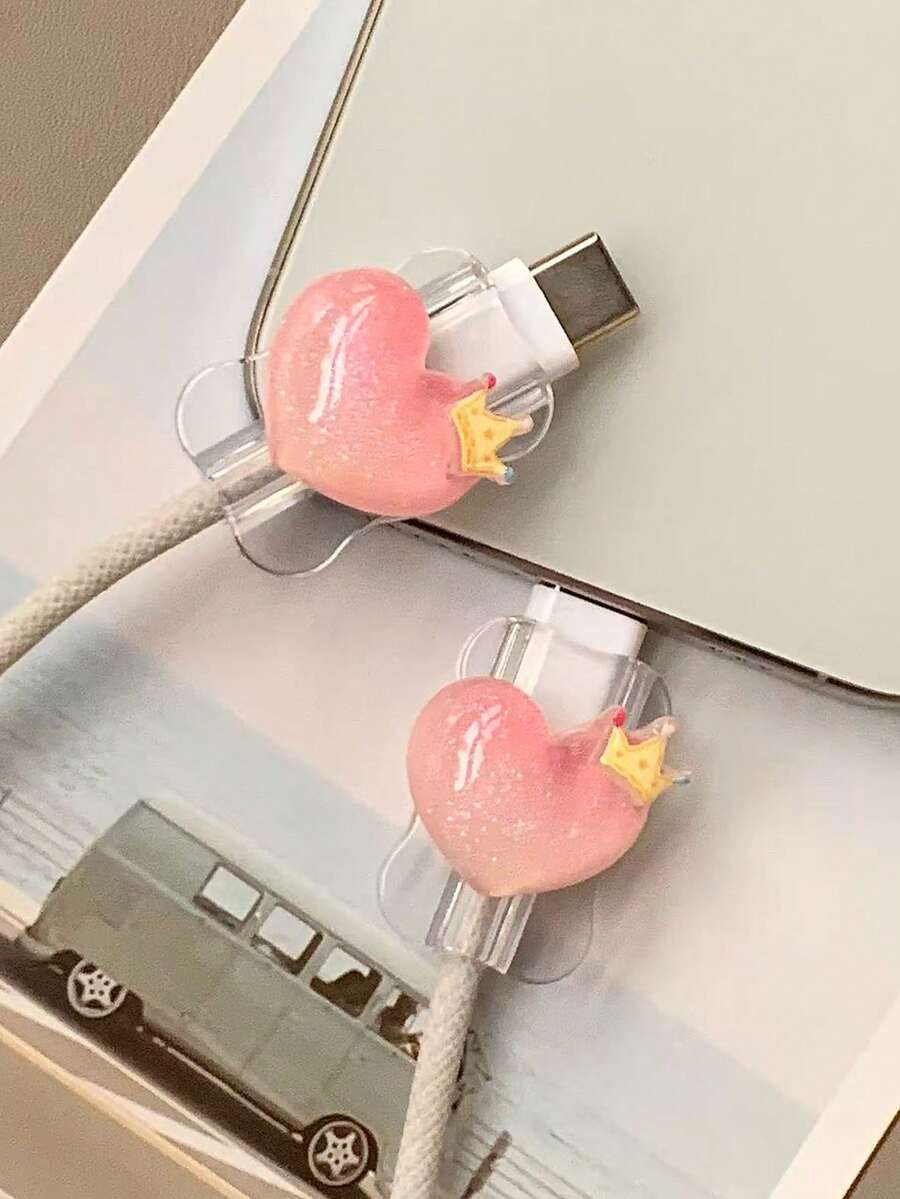 2个可爱透明爱心皇冠设计数据线保护套，20W通用Type-C安卓充电线礼品 - 彩色 - 查看 1