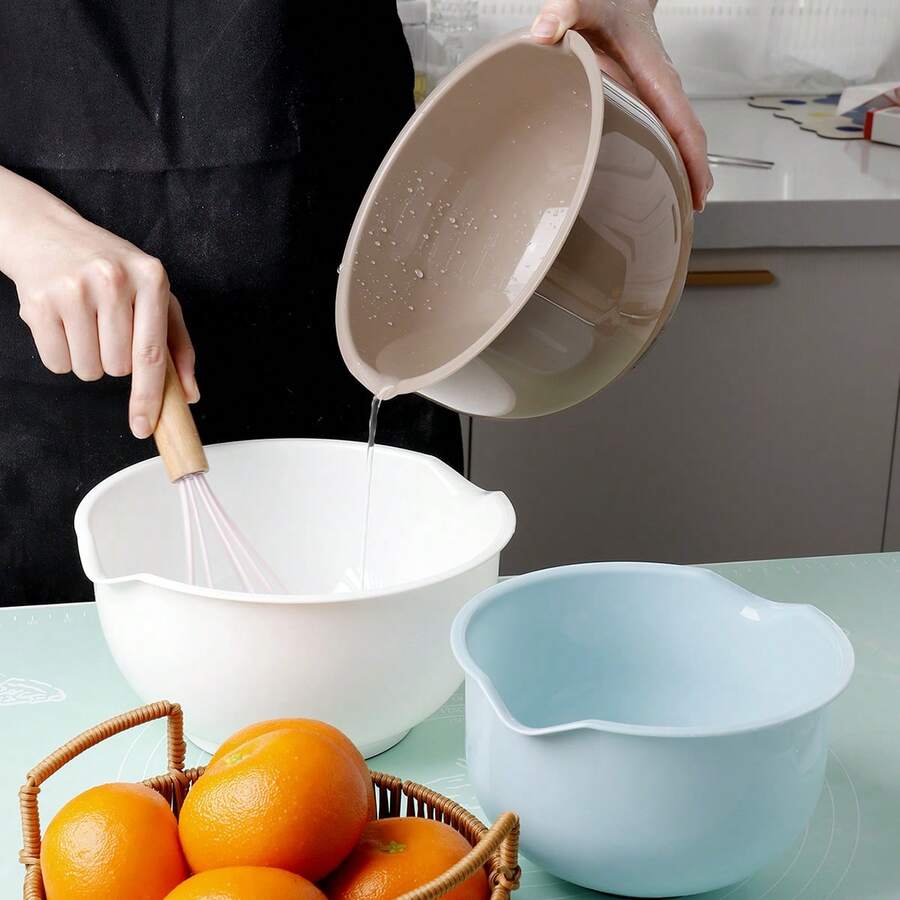 3pcs Plastic Fruit Salad Bowls, Non-Slip Base, Easy-Pour Spout Design, Nesting Bowls With 1.5L Small Seasoning Bowl, 2L Washing & Draining Bowl, 2.5L Large Mixing Bowl, Dishwasher , Stackable Storage, Kitchen Fruit & Vegetable Basket Baking Set, Multi-Function Mixing Bowls, Non-Slip Mixing Bowls Essential Baking Kitchenware - Multicolor - View 1