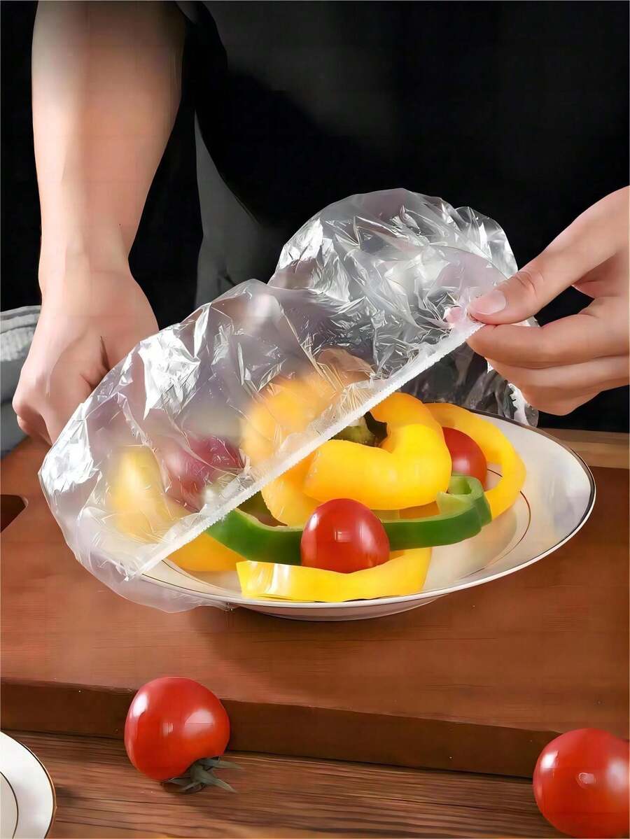 100 pièces Set de film plastique jetable et set de bonnets de douche jetables, film plastique de conservation des aliments ménagers en PE, cadeau de Noël, couvre-aliments élastique, pour conserver les aliments, les légumes et les fruits
