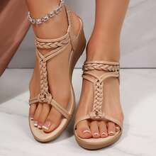 Women's Braided Strappy Open Toe Wedges Sandals Pu Leather Dressy Slingback Slides Shoes Summer Casual Walking Platform Bohemian - Màu be - Xem 8