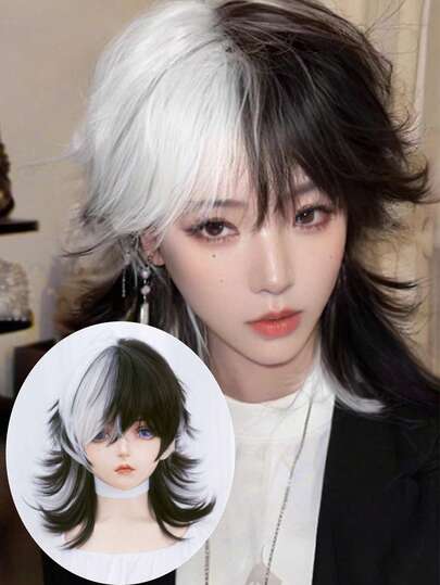 Peluca sintética de cosplay, con estilo de cabello resaltado en blanco y negro, resistente al calor, con cola de lobo y estilo rizado mullet, peluca de hombre de anime