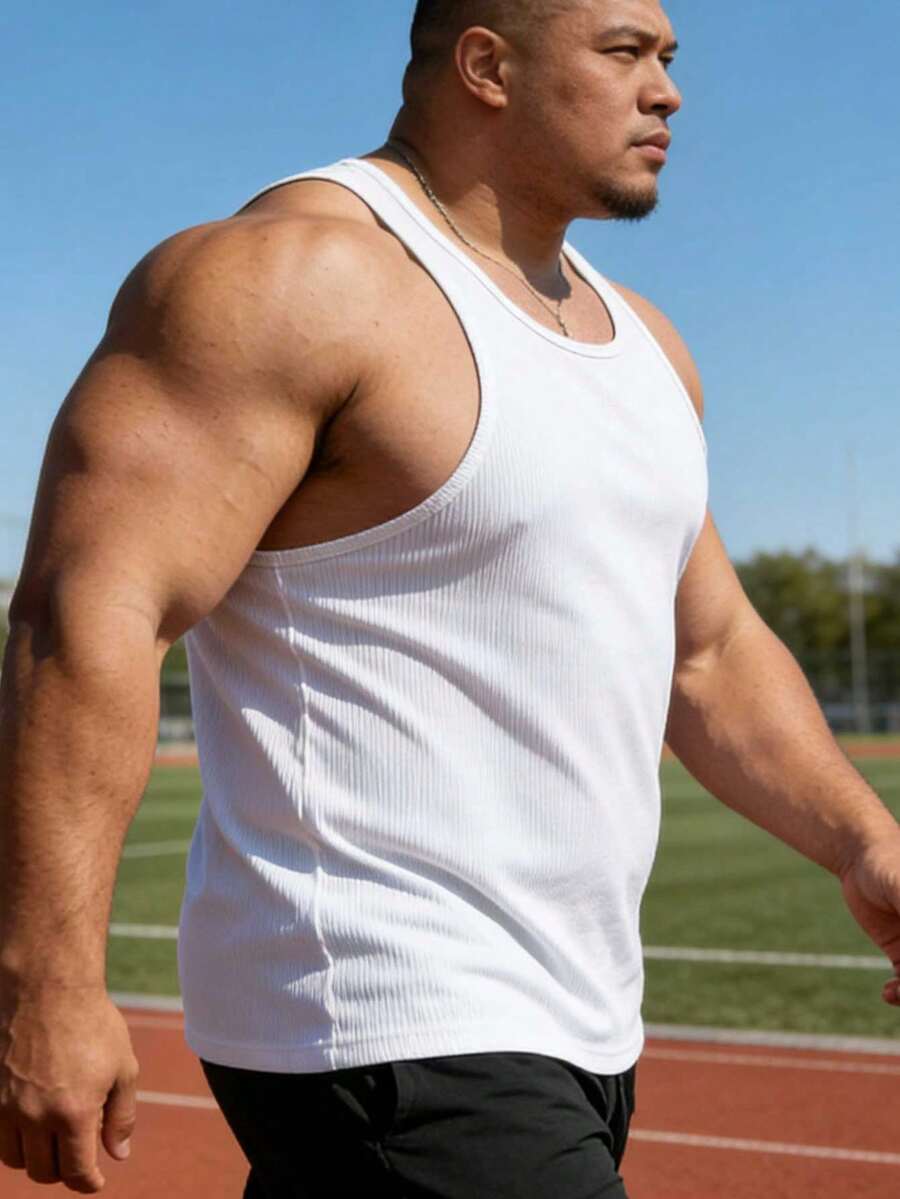 Plus Size Men's Solid Color Ribbed Knit Sleeveless Sports Tank Top, Breathable Fitness Training Casual Wear, Classic White, Breathable, Suitable For Gym And Plus Size Scenarios - White - View 1