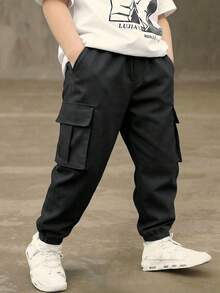 Boys' Fall Winter Streetwear Cargo Pants, Simple Straight Cuffed Trousers With Multi Pockets For Daily Use - Black - View 1